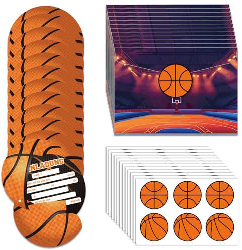 Lot de 12 cartes d'invitation pour anniversaire d'enfant - Invitation d'anniversaire pour tous les amateurs de basket-ball - Avec enveloppe et autocollant pour fête d'anniversaire