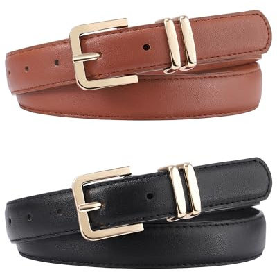 AWAYTR 2 Pack Girls Leather Belt for Kids Jeans with Gold Square Buckle, Black/Brown, Fit Waist 22-26in