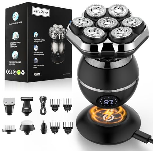 ETROBOT Rasoir Électrique Homme, 7D Rasoirs à Têtes Rotatives magnétique amélioré, Tondeuse Crane Chauve Sec & Humide, 6 in 1 Tondeuse à Barbe Hommes Ave écran LED, Chargement USB-C