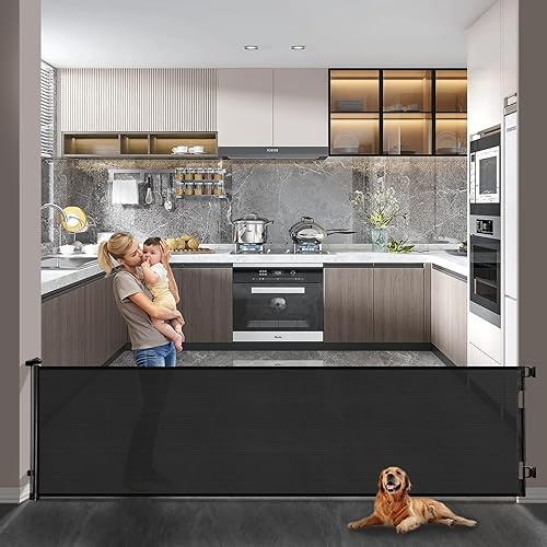 Retractable Mesh Safety Baby or Dog Gate - 86cm Tall, Expands to 300cm Wide, Child & Pet - Fits Doorways, Stairs, Hallways - Indoor/Outdoor,Black