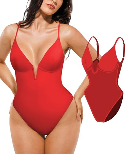 Popilush Tummy Control Swimsuits for Women Shapewear One Piece Underwire Swimsuit Deep V Neck Bathing Suits Summer Beach Pool Vacation Red