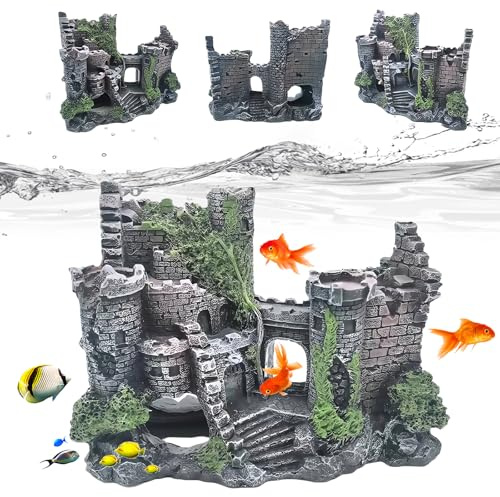WIYETY Grande décoration pour aquarium : ornements en résine, décorations de château en ruine classique, accessoires pour aquarium, paysage en polyrésine pour poissons, crevettes, tortues (château)