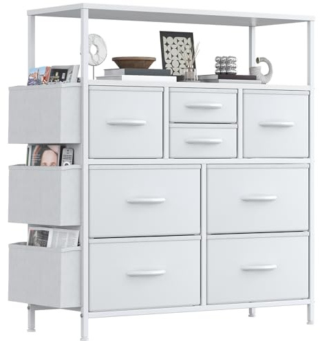 Feonase Tall Chest of Drawers, 8 Fabric Drawers Dresser with Shelf and 3 Side Pockets, Metal Frame, MDF Top Board, Versatile Organizer Storage Unit for Bedroom, Living Room, White