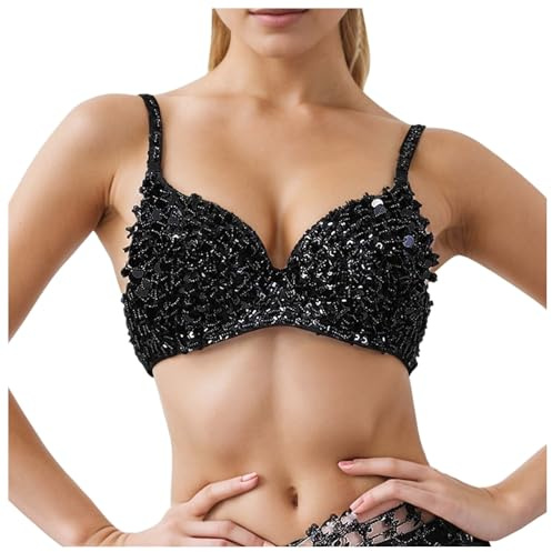 Eauptffy Reggiseno con paillettes per costume da bar, biancheria intima scintillante, top per danza del ventre, top da discoteca, O nero., L