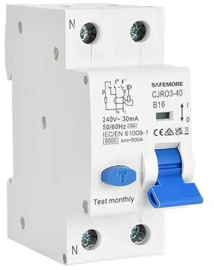 SAFEMORE FI/LS-Schalter RCBO 1P+N, 16A, 30mA, 6kA, Typ A, Kurve B, 230V - Elektromagnetischer Fehlerstromschutzschalter mit Überlastschutz, DIN-Schienen-Montage