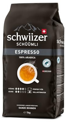 Schwiizer Schüümli Espresso – 100% Arabica beans, strong and intense, ideal for automatic machines, intensity 4/5, medium roast, Rainforest Alliance, 1 kg