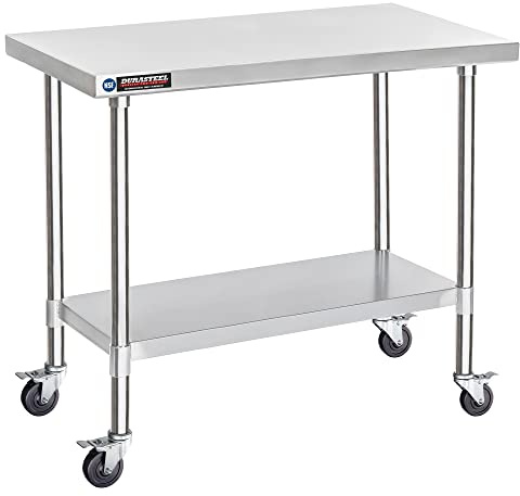 DuraSteel 30x48 NSF Stainless Steel Cart - Heavy Duty Food Prep Table with Undershelf - Rolling Kitchen Island on Wheels for Commercial Restaurant Kitchen, Garage, Outdoor Cooking, BBQ Grill, Counter
