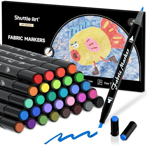 Shuttle Art Textilstifte Waschmaschinenfest, 30 Farben Textilmarker Set mit Doppelspitzen, Stoffmalstifte Waschfest, ungiftig und säurefrei, für T-Shirts, Beutel, Sportschuhen, Jeans geeignet