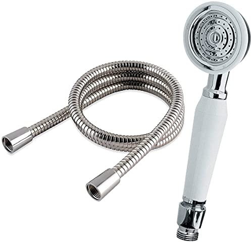 TRADITIONAL VICTORIAN STYLE SHOWER HEAD + 1.5m HOSE, WHITE HANDLE