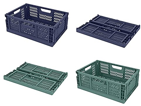 Spesh - 4 scatole pieghevoli per contenitori, scatole di immagazzinaggio pieghevoli in plastica con manici, impilabili, per cucina, soggiorno, ufficio (2*Blu+2*Verde scuro)