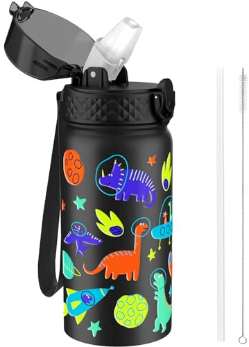 GOPPUS 420ml/14oz Kids Insulated Water Bottle with Straw Cute Double Wall Stainless Steel Child's Small Flask Vacuum Insulated Steel Metal Leak Proof Drink Flask Boys Toddler Girls Bottles BPA-Free
