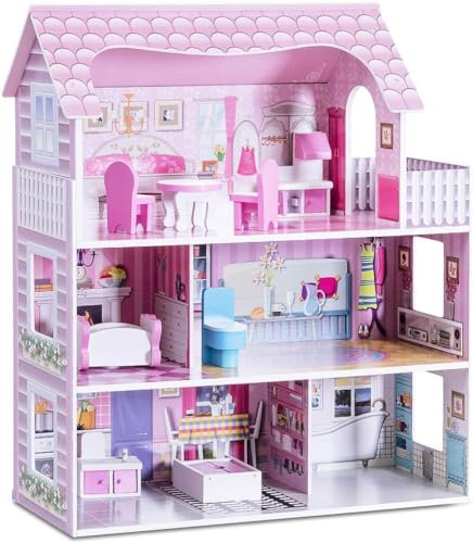 GOPLUS Maison de Poupée Fille, Maison de Rêve en Bois, Villa Enfant à 3 Étages avec Mobiliers, Cuisine, Chambre, Salle de Bain, Balcon, Cadeau pour Enfant 3+ Ans, 61 x 26,5 x 71CM, Rose
