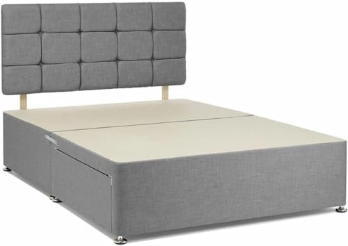 BEDS PLANET Adjustable Grey Chenille Divan King Size Bed Base with Stylish 20” Cube Headboard | Elegant King Size Bed Frame | No Storage Drawers