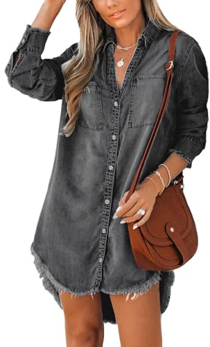 CUPSHE Chemise en Denim Effiloché Femme Casual Chemise Robe Tunique Manches Longues Classique Blouse