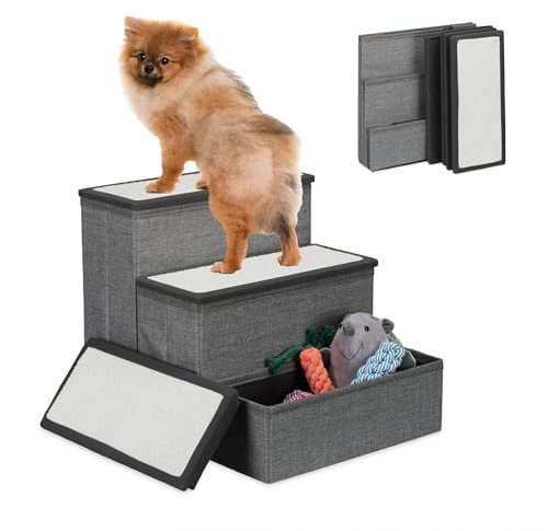 Relaxdays Hundetreppe, 3 Stufen, mit Stauraum, Hunde & Katzen, HxBxT: 39 x 40 x 49 cm, Faltbare Tiertreppe, grau/weiß