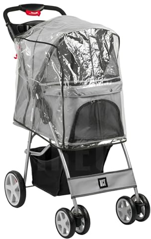 KCT Hooded Foldable Pet Dog Cat Stroller with Waterproof Rain Cover - Grey - 4 Wheel Travel Carriage with Safety Leash, Canopy, Cup Holder, Storage Tray
