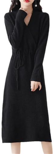Robe pull longue à lacets en laine avec col en V pour femme, Noir , XXL