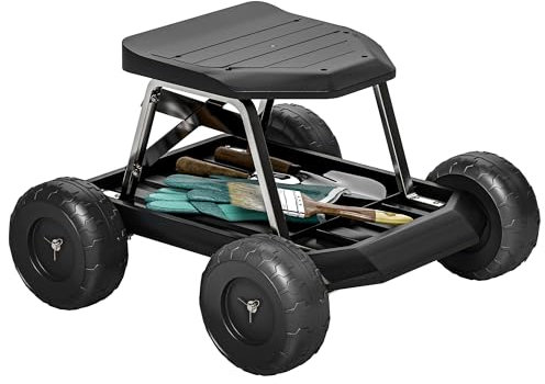 Outsunny Asiento de Jardín con Ruedas Taburete de Jardinería con Bandeja de Herramientas Carrito para Trabajo Carga 130 kg para Patio Exterior Negro