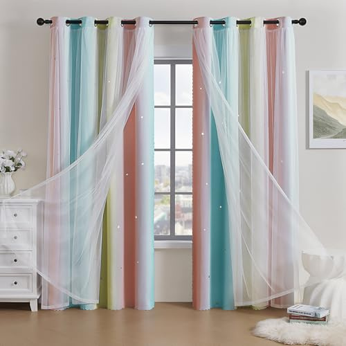 2 Panels Blackout Curtains for Bedroom,Double Layer Kids Curtain,Star Window Colorful Rainbow Curtain,Girl children Eyelet Curtains for Bedroom,Living Room,Nursery Room (Blue&Pink&Yellow, W52×L63)