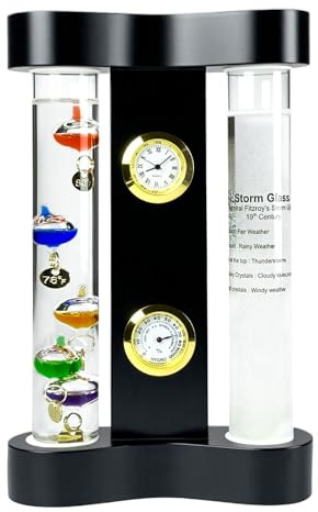 Lily's Home Analog Weather Station, with Galileo Thermometer, a Precision Quartz Clock, Analog Hygrometer, and Fitzroy Storm Glass Weather Predictor, 5 Multi-Colored Spheres (7'' x 4.25''), Matt Black