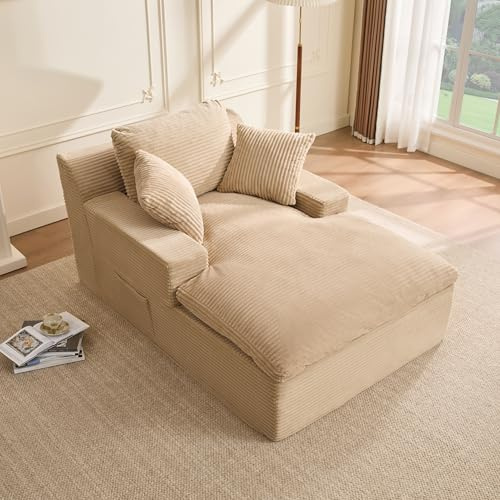 Litbird 160 cm Chaise Lounge Chair, Boneless Couch,Set of Sofabed Floor Lounge Sofa with Movable Pillows & Side Pockets, Cloud Couch with Armrests for Living Room, No Assembly Required, Camel