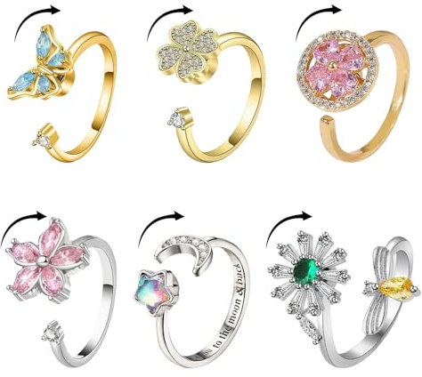 MLPKOI 6pcs Bagues Anti Stress Femme, Bague Anxiété Rotative Spinner Anneaux Anti Stress Ensemble Anneau De Spinner Ouverts Réglables Bague Fidget