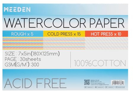 MEEDEN Cotton Watercolor Paper Block: 3 Textures 18 x 12.5 cm of 30 Sheets | 100% Cotton, 140lb/300gsm, Acid-free Art Paper, Watercolour Paper Pad for Watercolor, Gouache, Ink and More