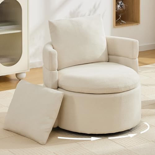 DEKKETO Fauteuil Pivotant 360° avec Rangement et 2 Coussins, Blanc Ivoire | Fauteuil Relax Confortable en Chenille Douce, Assise Large & Spacieuse, Design Moderne pour Salon, Chambre, Montage Facile
