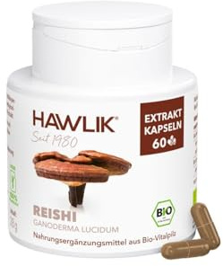 HAWLIK Vitalpilze Bio Reishi Extrakt Kapseln - 60 Kapseln - Mit Vitamin C - Immunsystem - Natürlicher Anbau - Vegan - Zuckerrohr-Dose