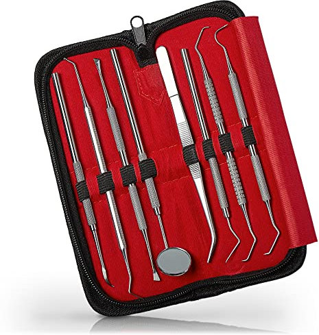 Sunglow 8er Zahnpflege Set | Dental Set mit Zahnspiegel, Zahnpinzette und 6x Zahnsonde zur Zahnreinigung und als Zahnsteinentferner | Zahnreinigungsset aus hochwertigem Edelstahl