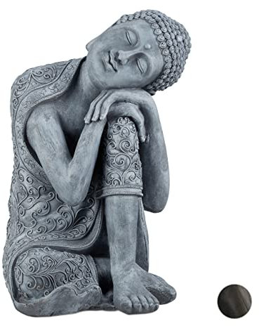 relaxdays Statue Figurine de Bouddha décoration Jardin Sculpture céramique Zen 60 cm, Gris Clair, 60 x 35 x 35cm