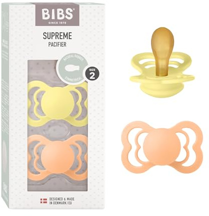 BIBS Supreme Soother 2-Pack, BPA Free Dummy Pacifier, Symmetrical Nipple. Natural Rubber Latex, Size 2 (6-18 Months), Sunshine/Peach Sunset