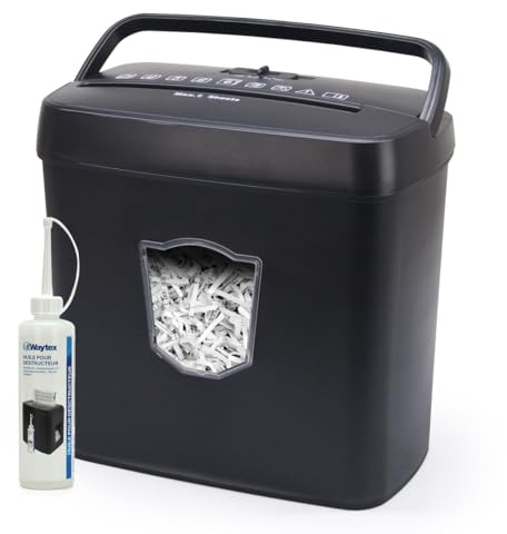 WAYTEX 77316C Destructeur de Documents Coupe Croisée 6 Feuilles Bac 12,5L avec Flacon d’Huile Lubrifiante 250ml