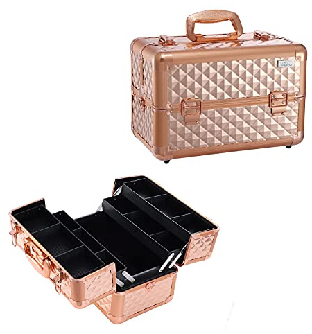 Maletín Maquillaje Grande Estuche de cosméticos Beauty Case de Aluminio con Correa para el Hombro Caja de maquillador Profesional vacío Estuche de peluquería Estuche de uñas con Cerradura, Oro Rosa