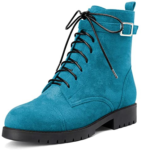NobleOnly Femmes Bloc Chunky Bas Kitten Talon Heel Rond Bout Bottines Lacets Fermeture à Glissière Classique Chaussures Bleu A 41 EU