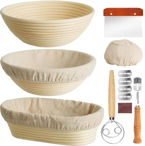 Kikcoin 9 & 10 & 10 Banneton Bread Proofing Basket Set, Round & Oval Banneton Basket for Sourdough Baking, Baking Supplies with Linen Liner, Bread Lame & Dough Scraper, Sourdough Proofing Tools