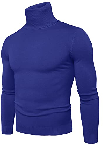 Générique Pull d'Hiver pour Homme à Col Roulé Torsadé - Tricot Fin et Épais, Coupe Ajustée, Coton, Manches Longues (Bleu, M)