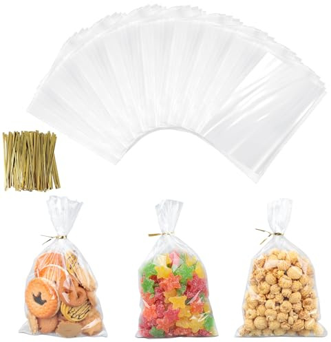AiQInu 200 Pezzi Sacchetti Trasparenti con Lacci, 25 x 15 cm Piccoli Sacchetti Cellophane Pellicola Bustine Alimenti, Sacchetti Caramelle Biscotti OPP Sac Regalo per Feste Compleanno dei Bambini