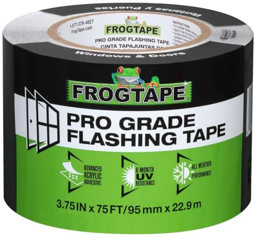 FrogTape Pro Grade Flashing Tape for Windows & Doors, 3.75 Inch Width - 75 Foot Roll, All Weather & UV Resistant Flashing Tape with Advanced Acrylic Adhesive - 10 mils - Black