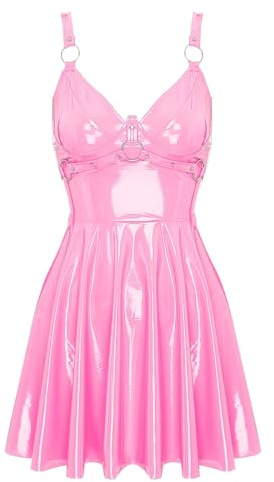 CHICTRY Damlack läderklänning wetlook miniklänning sexig kort ärmlös festklänning V-ringad corsage klänning googo dans rave kläder