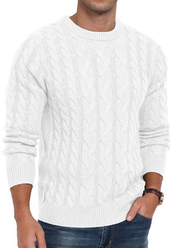 QIXING Strickpullover Herren Zopfmuster Pullover Rundhals Lässiger Langarm Grobstrick Sweater Pulli mit Rippenbündchen (C Weiß, L)