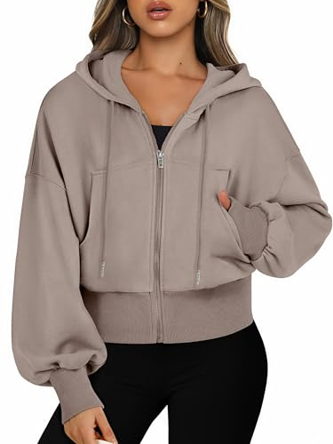 Jhsnjnr Damsweatjacka med huva långärmad huvtröja sweatshirt dragkedja sport kort jacka crop zip huvtröja, Ljusbrun, XL
