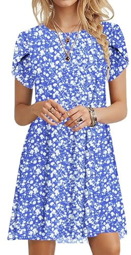 PLOKNRD Abito Estivo Donna Petal Sleeve T-Shirt Dress Scollo Rotondo Motivo Floreale Abito Casual Leggero e Arioso con Tasche (Fiori Bianchi Blu, XL