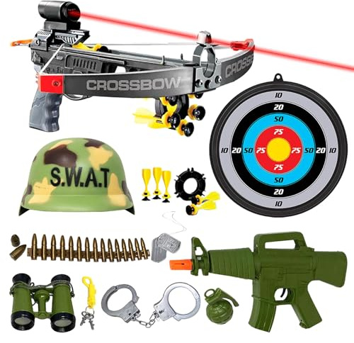 Xwin Sportseries Kids Crossbow Archery and Military Role Play Set with Bow, 5 Suction Cup Arrows, Target Board, Toy Gun with Sound, Handcuffs, Age 3 and Up