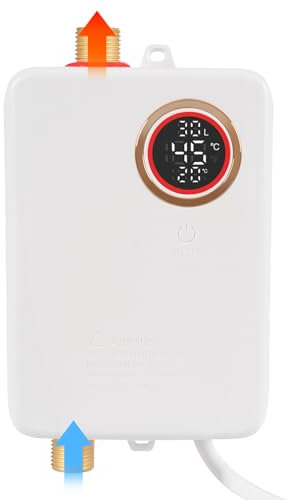 MEHOOSPVN 3500W Warmwasserspeicher Boiler 1-5L/Min Warmwasserboiler Untertischgerät Kleinspeicher Elektrisch Druckfester Untertisch, 20~50℃ Temperatur Einstellbarer Durchlauferhitzer 23.5*19*10cm Weiß