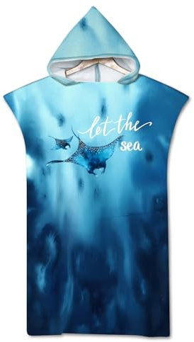 Rowjoy Badeponcho mit Kapuze, Meeresschildkröten Mikrofaser Surf Poncho 75X110cm，Umziehhilfe Strand Handtuch Poncho mit Kapuze Damen und Herren, Ideal zum Strand, Brandung, Sauna (Blue-#Mantaray)
