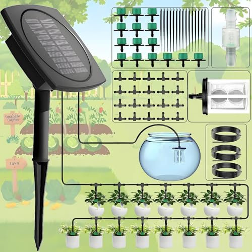Yowin Solar Bewässerungssystem, Automatische Bewässerung für Pflanzen im Urlaub, Gießsystem Balkon mit Anti-Siphon, 12 Timer, 15m Schlauch, Tröpfchenbewässerung für Außen Garten Gewächshaus Hochbeet