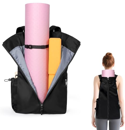 WOMACO Yoga Mat Bag, Adjustable Yogamat Blocks Carrier with Backpack Straps and Side Pockets, Top-Opening Yoga Backpack for Yoga Accessories (Black)