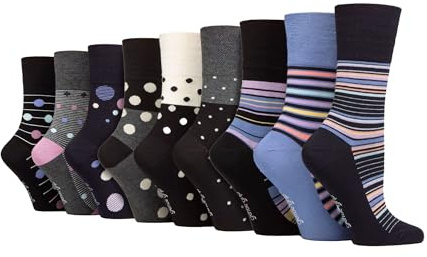 SOCK SHOP MJUKT GRIP - Dam bambu icke-elastisk bomull mönstrade strumpor - 9-pack | lösa toppstrumpor för cirkulationsstöd, stil 2, 37-42 EU