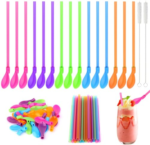 25 Pièces Paille Granité 2 en 1 Cuillère Pailles Reutilisable Paille a Granita Avec 2 Brosses de Nettoyage Pour Smoothies Laits Frappés Cocktail Café